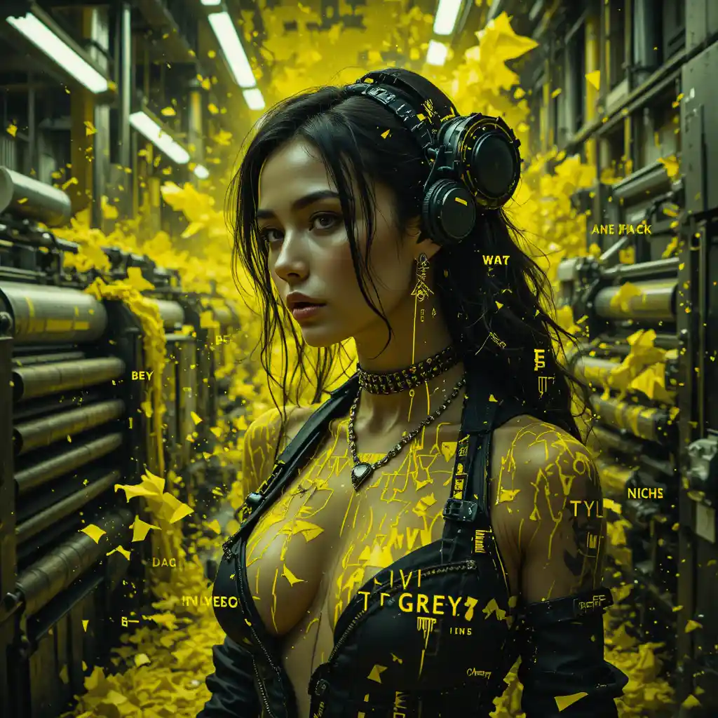 Femme fatale close up in chaotic industrial print factory