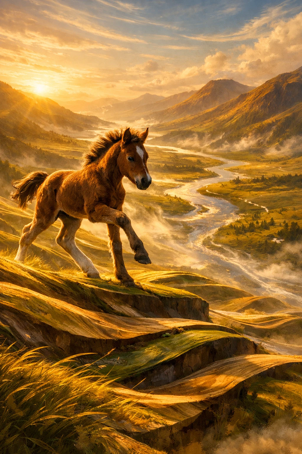 Young horse walking across layered meadow in golden light