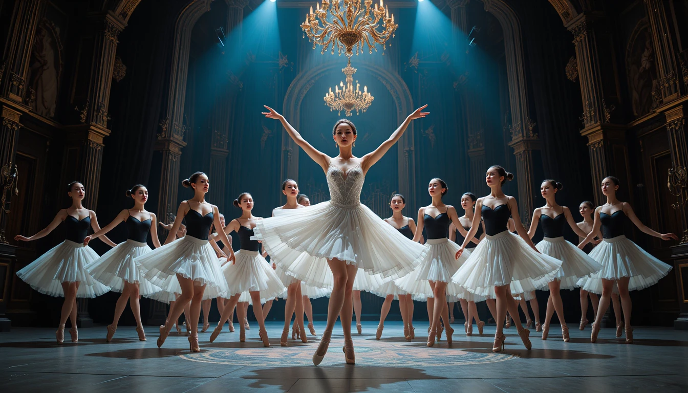 Cinematic ballet performance with elegant ballerinas on stage