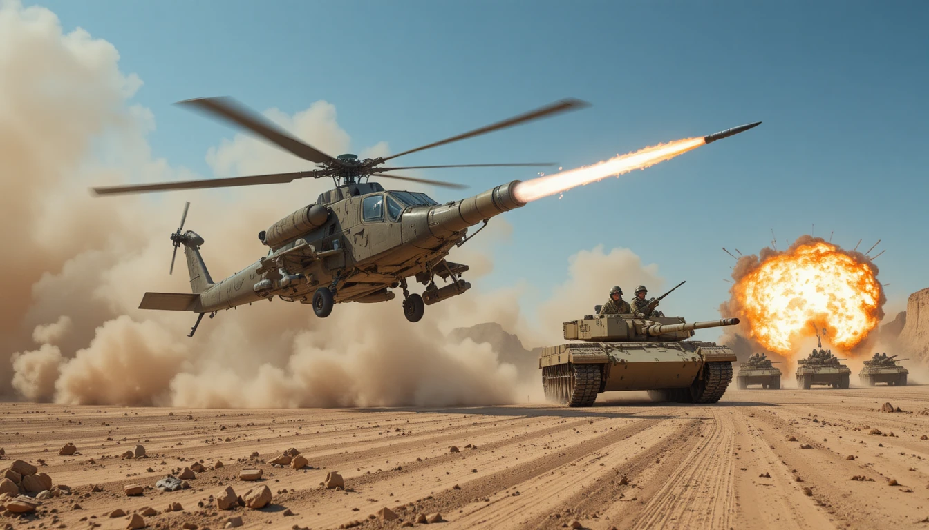 Helicóptero Apache lança míssil sobre campo de batalha desértico empoeirado