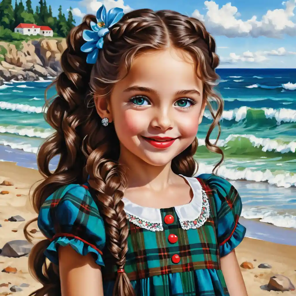 Smiling blue eyed girl with long braided brown hair