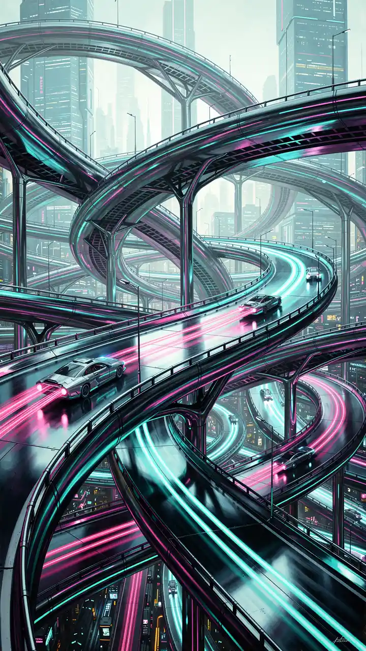 Autostrade futuristiche surreali che si attorcigliano attraverso un paesaggio urbano riflettente