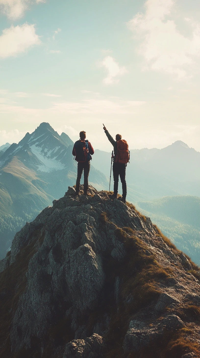 Two hikers on a mountain peak with distant horizon view