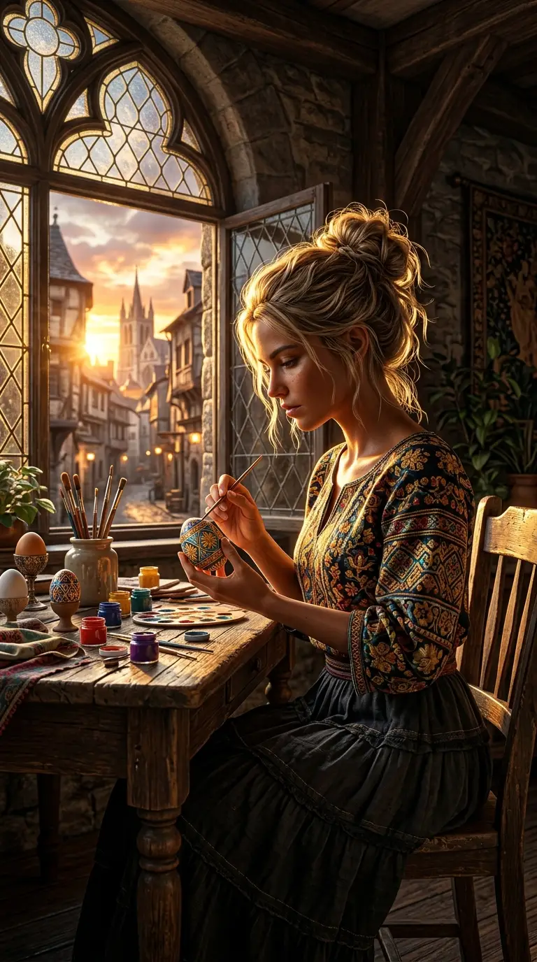 Young woman painting an Easter egg by a sunlit window