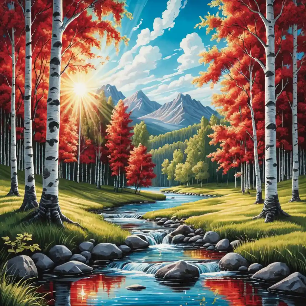 Fiume estivo e betulle sotto una luce solare splendente