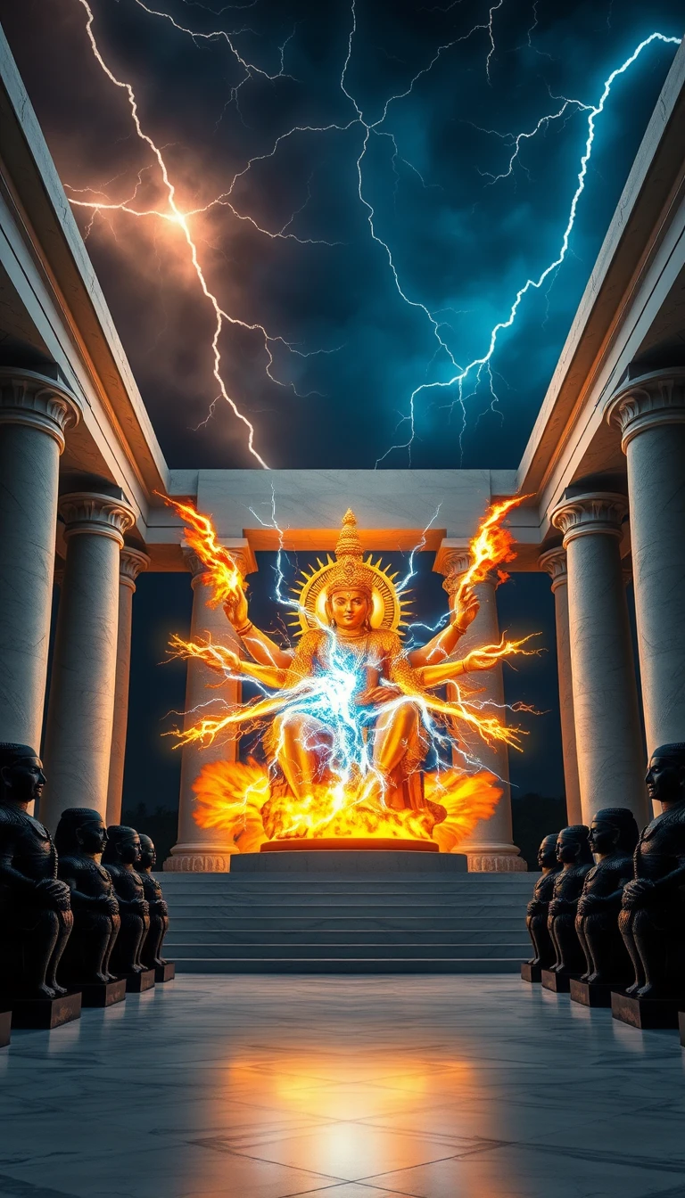 Fiery lightning deity seated on a marble throne