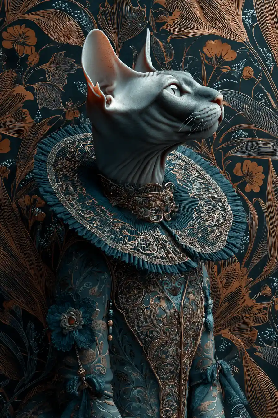 Chat oriental élégant en robe bleu sarcelle avec motifs botaniques tourbillonnants