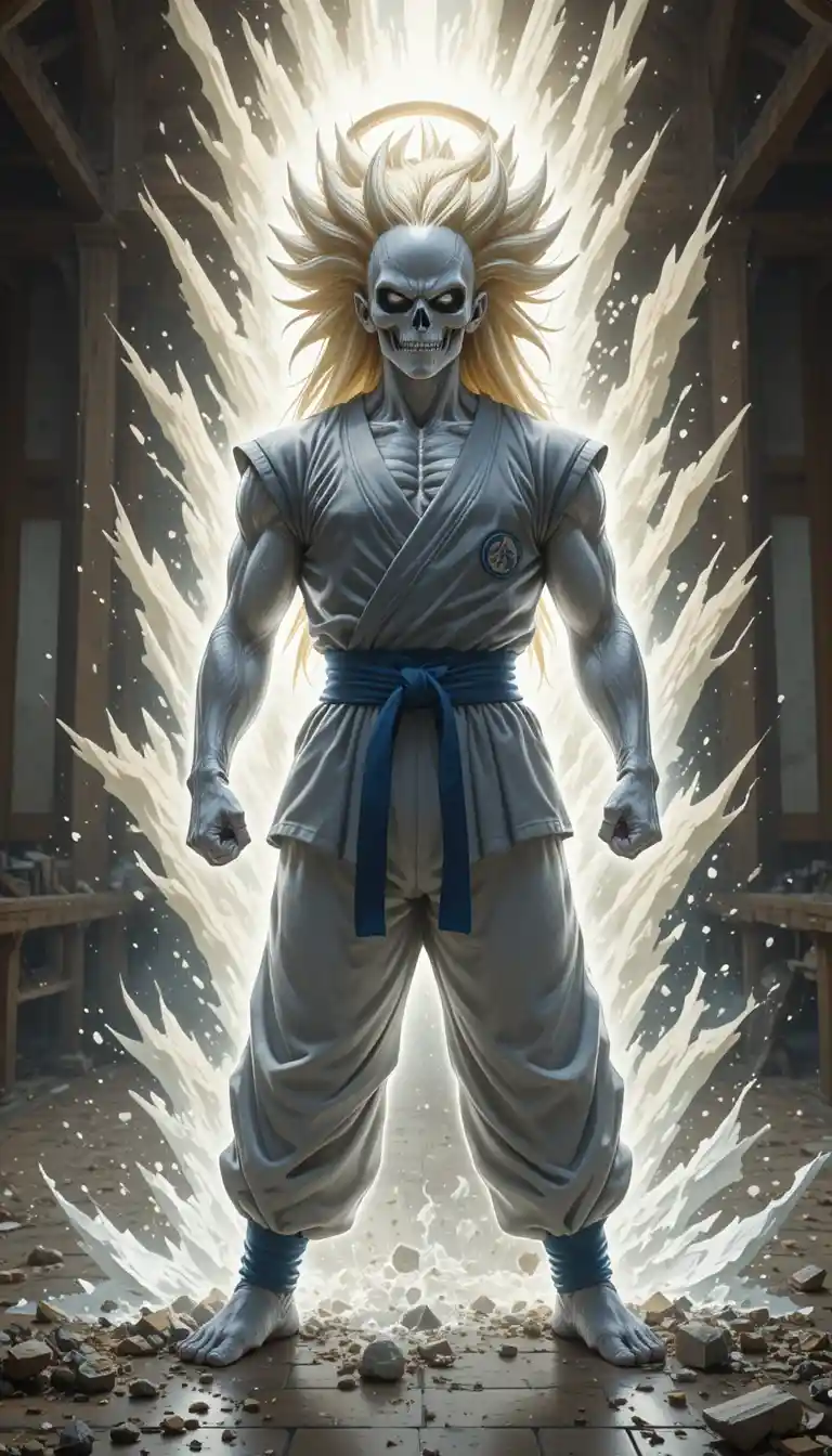 破碎道場中帶著發光光環的空手道骷髏