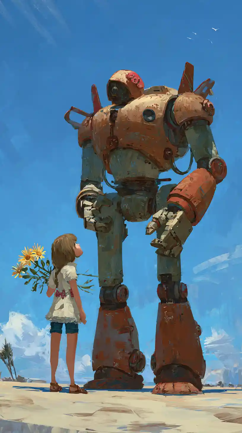 Giant robot with flowers beside smiling young girl outdoors