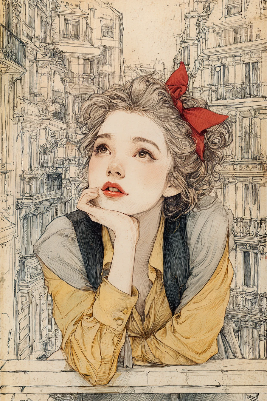 綁著紅色絲帶的沉思女孩站在城市陽台上