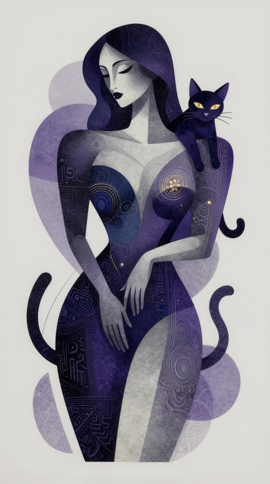 Abstract cubist woman with cat in moody purple tones