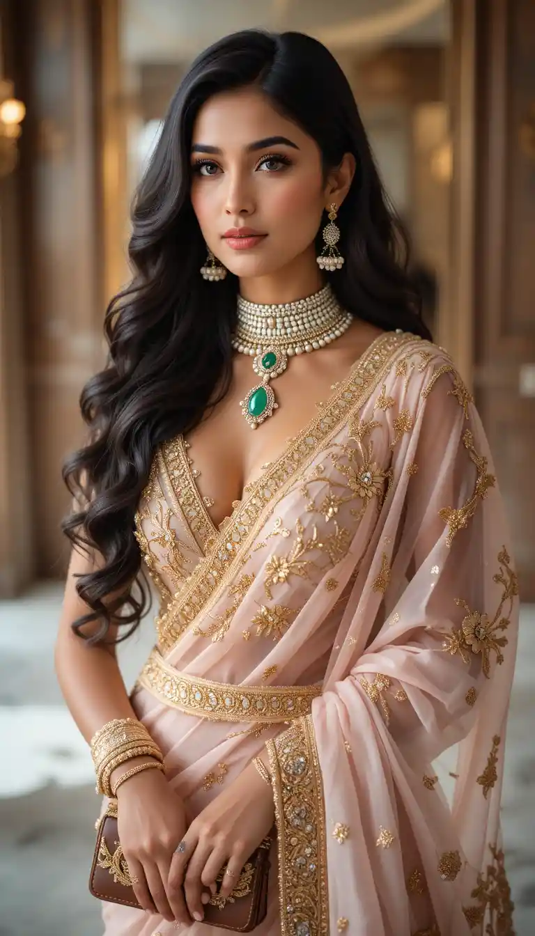 Elegante mujer india con sari rosa y gargantilla de esmeraldas