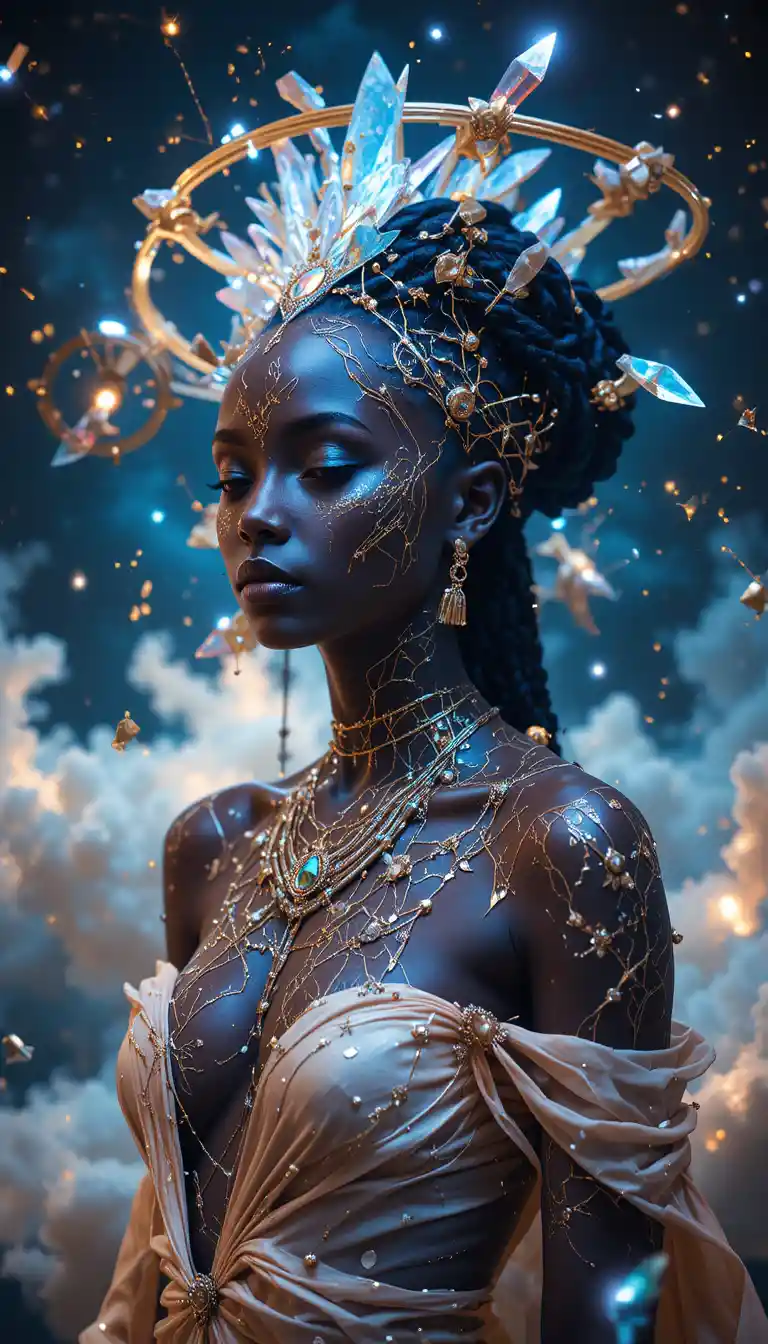 Cosmic goddess close up with orbiting celestial adornments