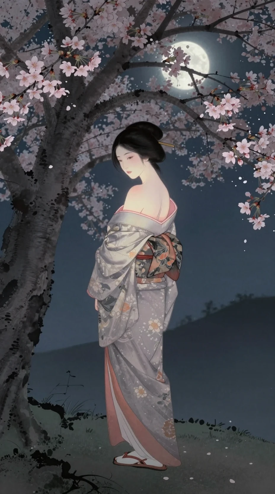 Woman samurai on a cliff under the glowing moon
