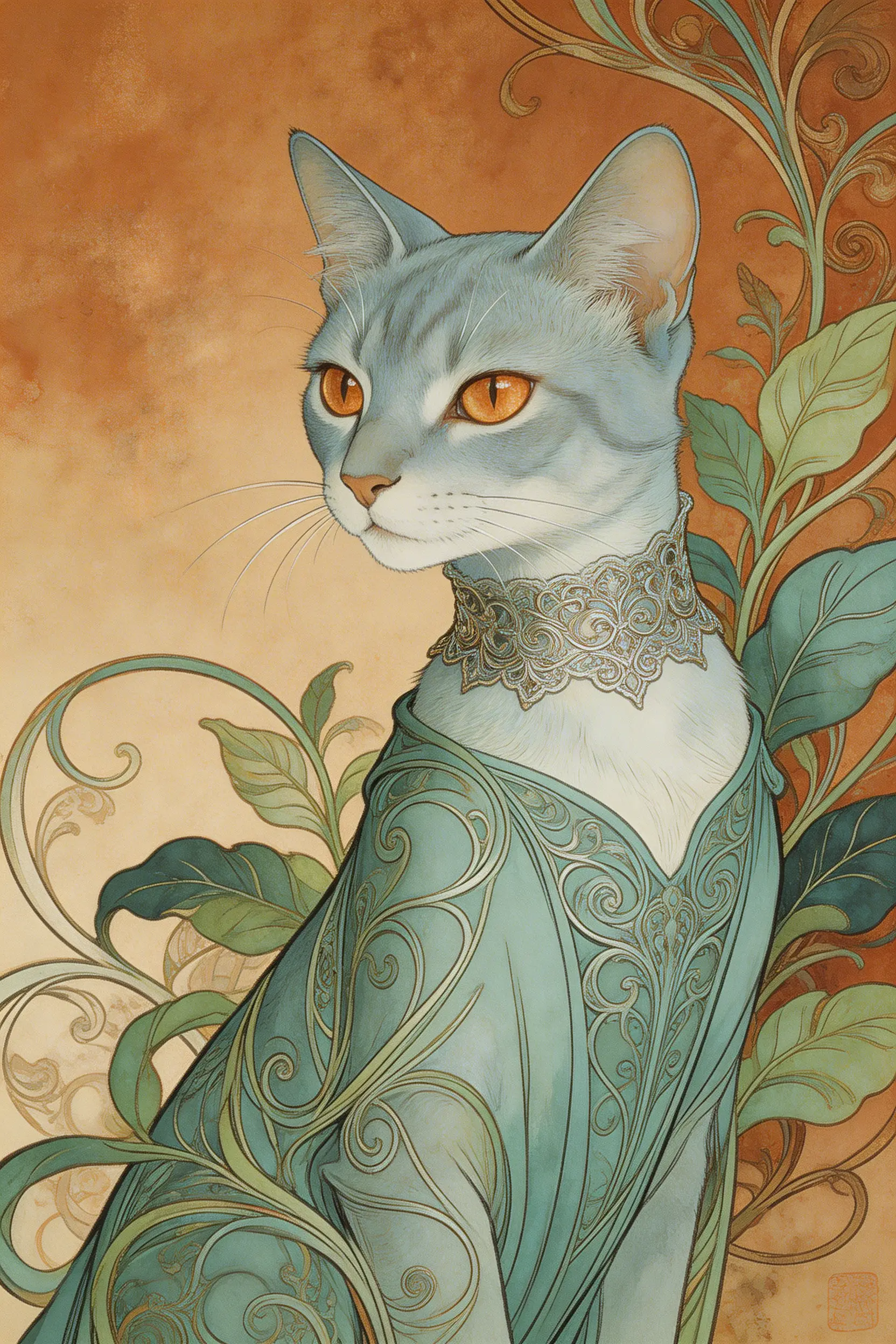 An elegant blue cat in ornate Art style clothing and collar, surrounded by teal leaves.
