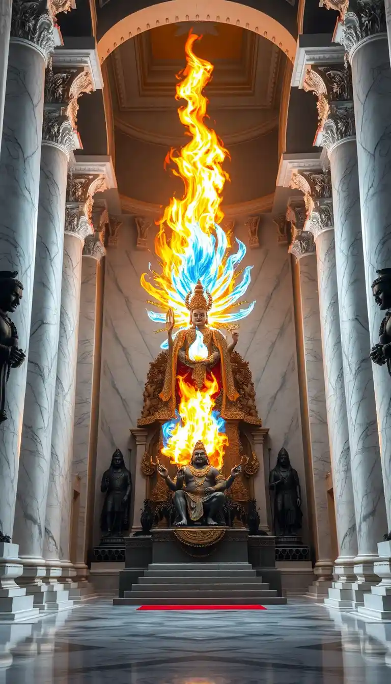Majestätische Feuergottheit auf einem Thron in einem Marmortempel