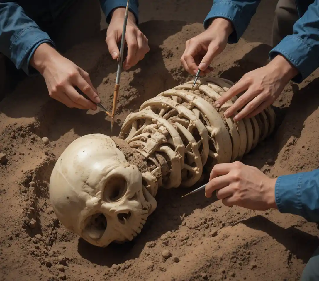 Archaeologists brushing soil from an ancient human skeleton