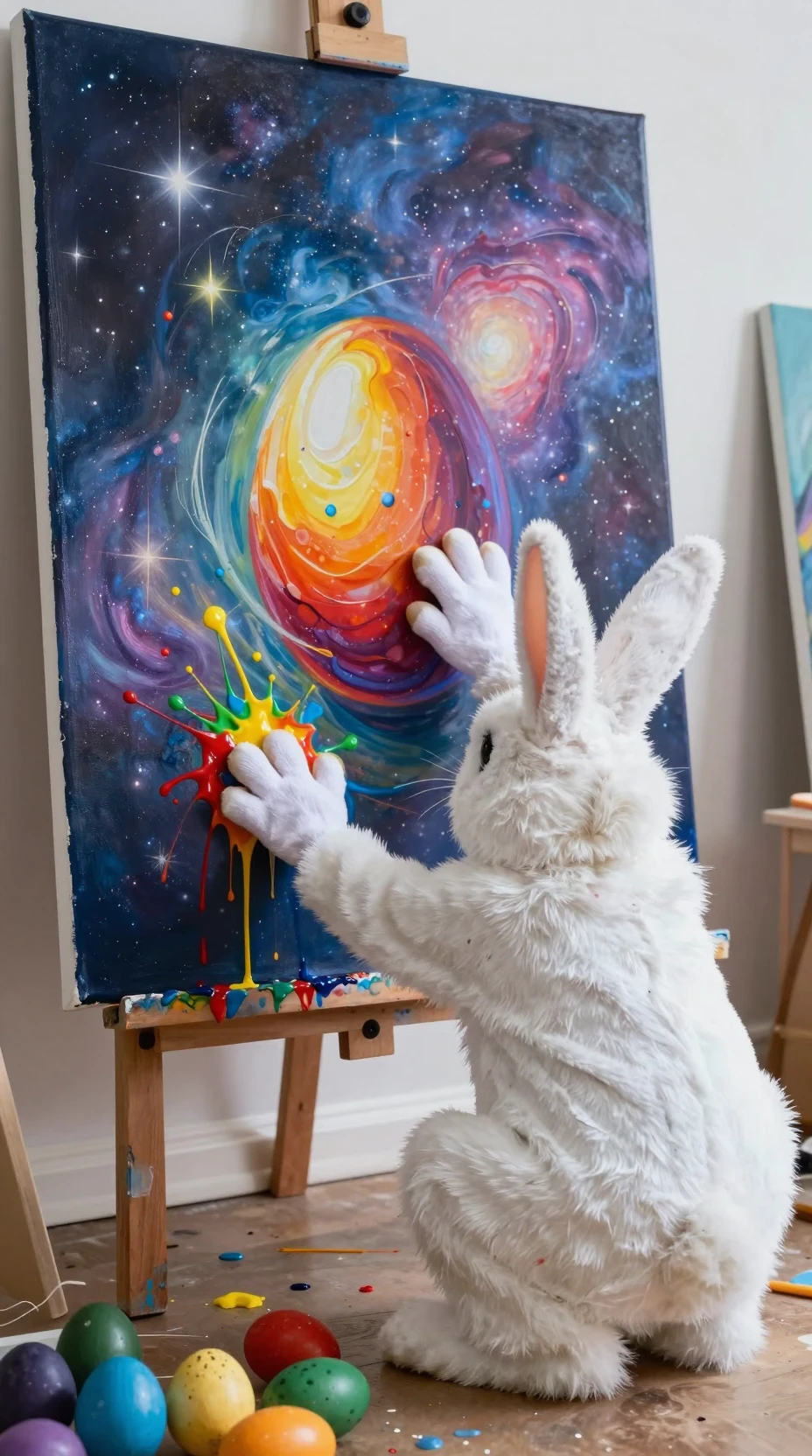 Easter rabbit painting colorful eggs in a whimsical art class