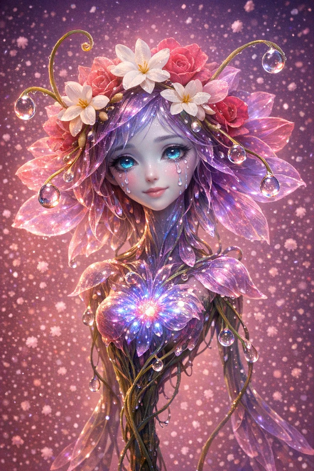 Floral humanoid head glowing gently in abstract space