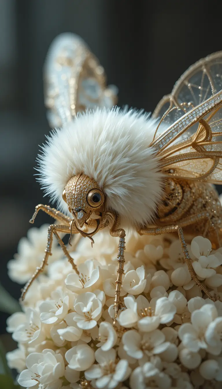 Phalène fantastique sur fleurs ivoire aux ailes d’or et de verre