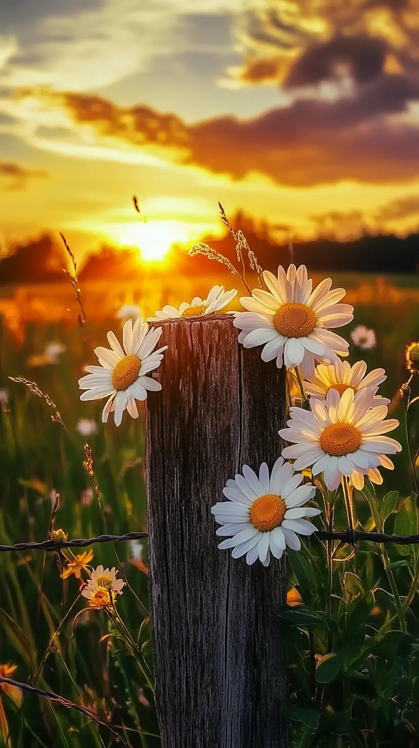 Rustic daisies on wooden fence at glowing sunset field