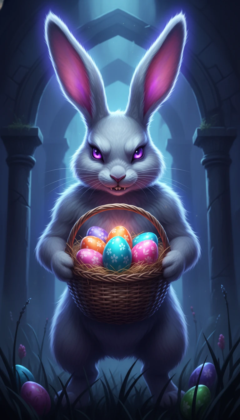Coniglio antropomorfo sinistro con occhi luminosi e uova di Pasqua