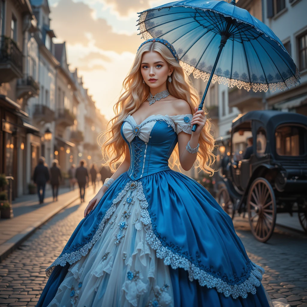 Ragazza bionda in abito vittoriano blu in una strada europea