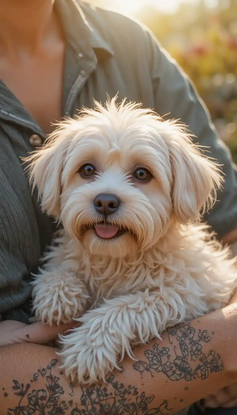 Maltese dog in warm golden light enjoying a treat