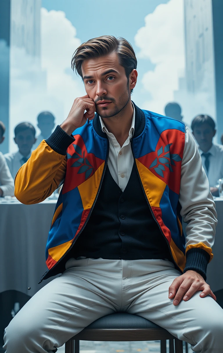 Thoughtful middle aged man in colorful bomber jacket