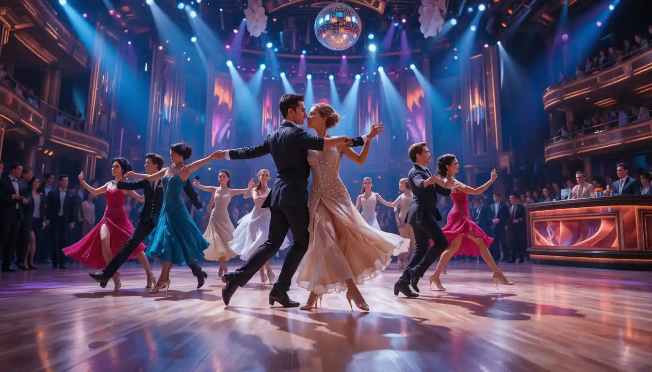 Professional ballroom dancers performing on a glittering stage