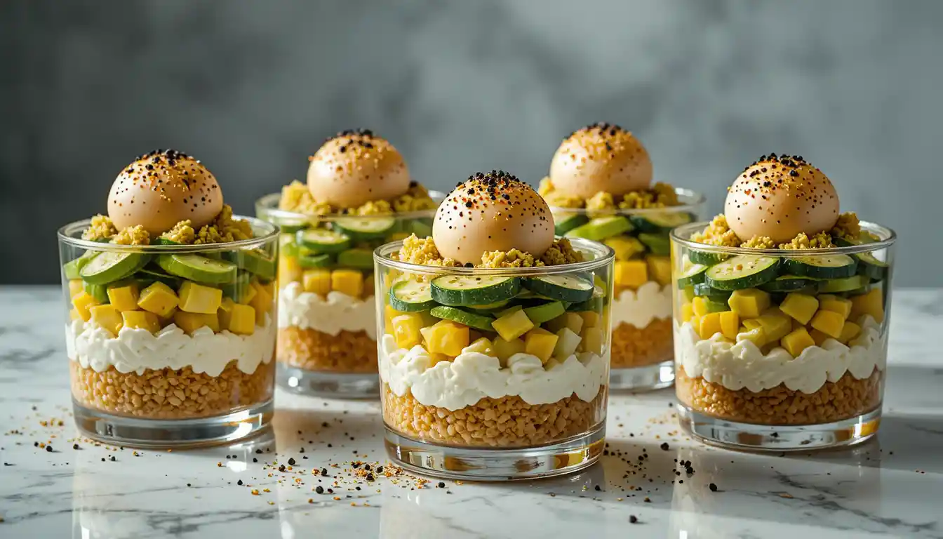 Gourmet-Verrines auf einem hellen Marmoresstisch geschichtet