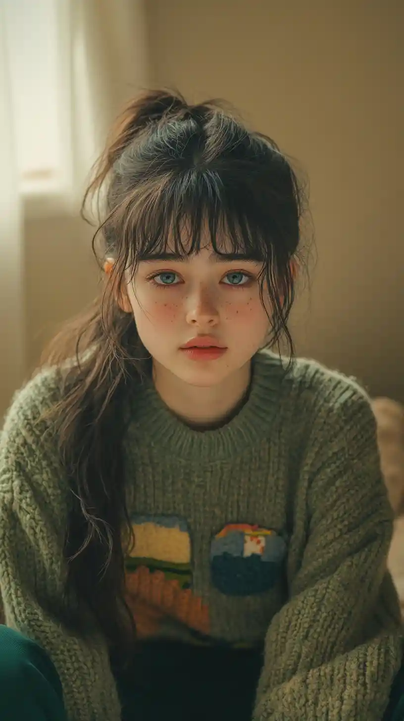 くつろぐアニメ少女とパッチ入りの cozy セーター（室内）