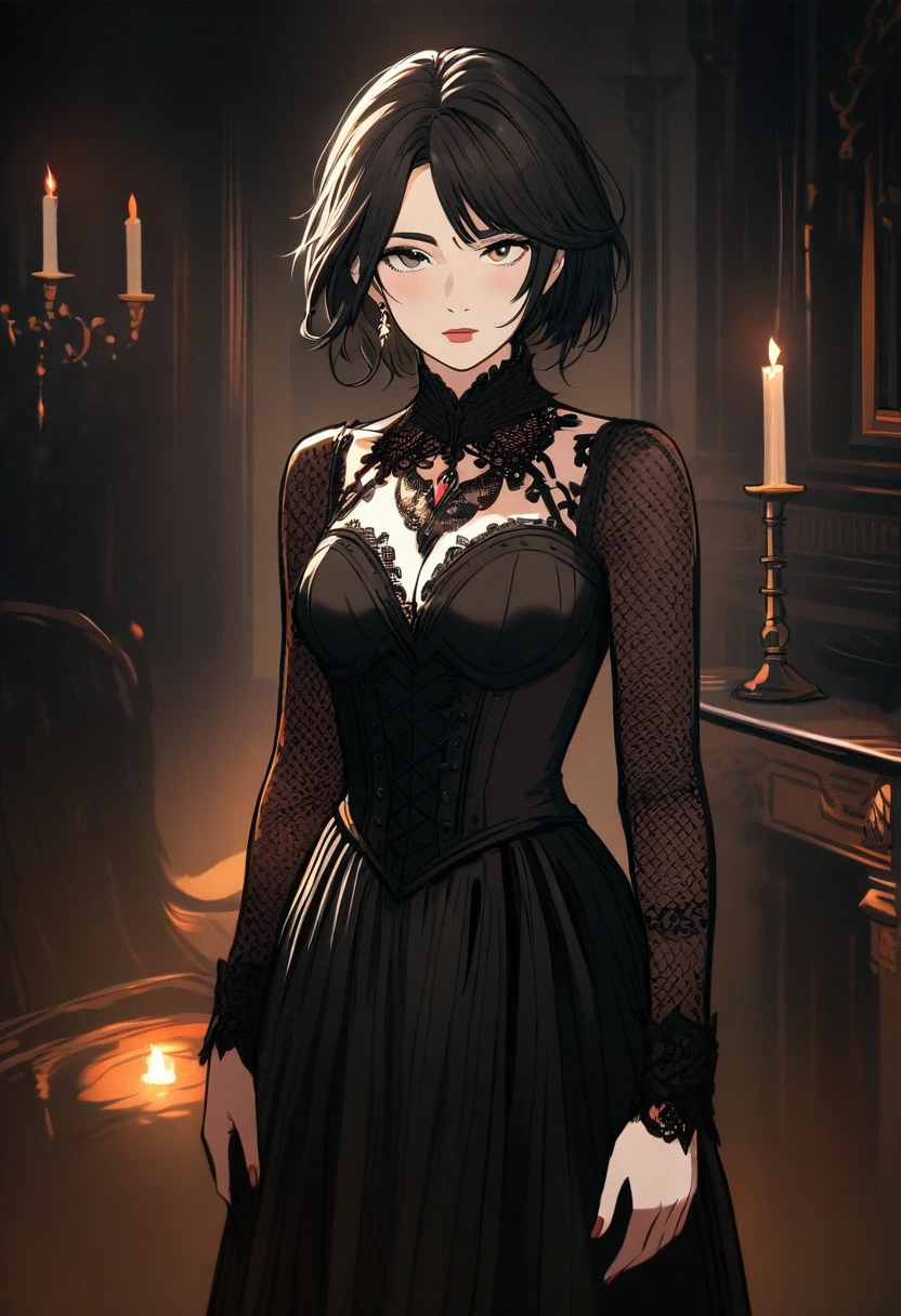 Elegant woman in black corset in a moody gothic room