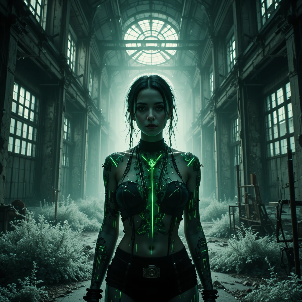 Noir woman in industrial ruins with neon green glow