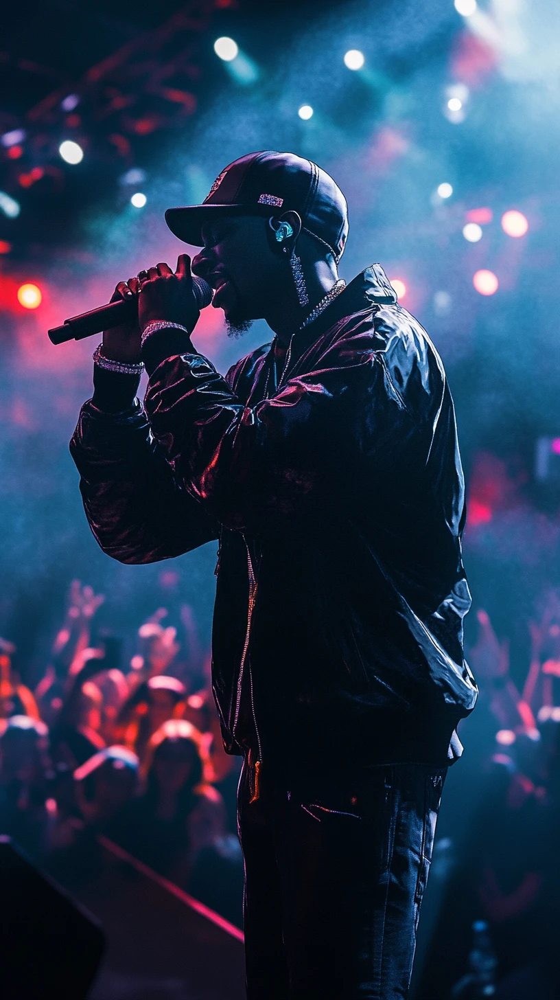 Rapper gripping microphone on vibrant concert stage