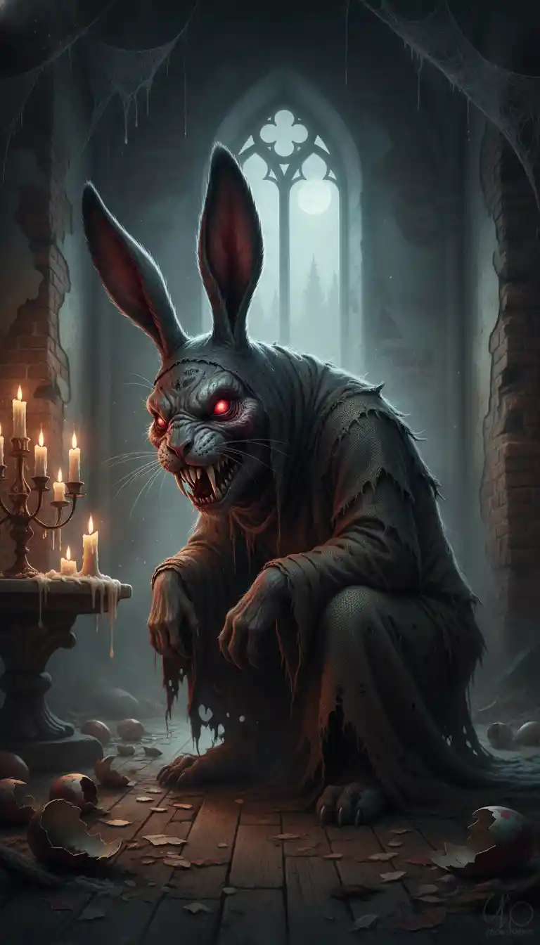 Sinister Easter rabbit in a decaying gothic chamber
