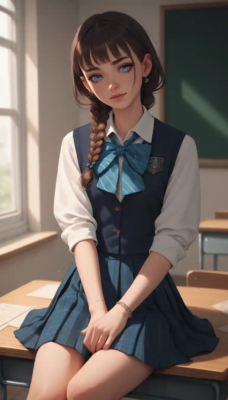 Petite schoolgirl sitting confidently on a wooden desk