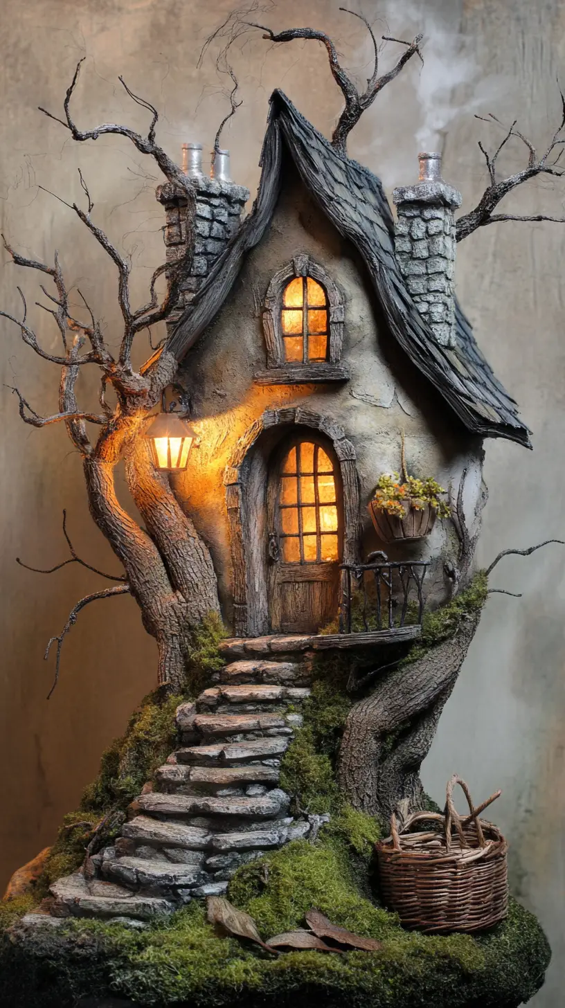 Cabane dans les arbres miniature de conte de fées avec lanterne lumineuse
