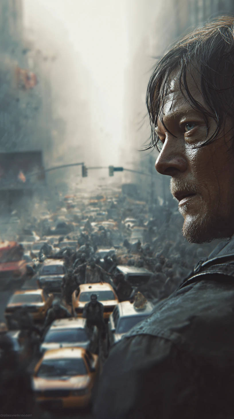 Close up of a lone warrior man in ruined city streets