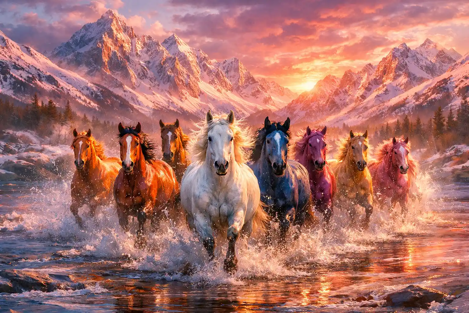 Wild horses galloping through a river at mountain sunset