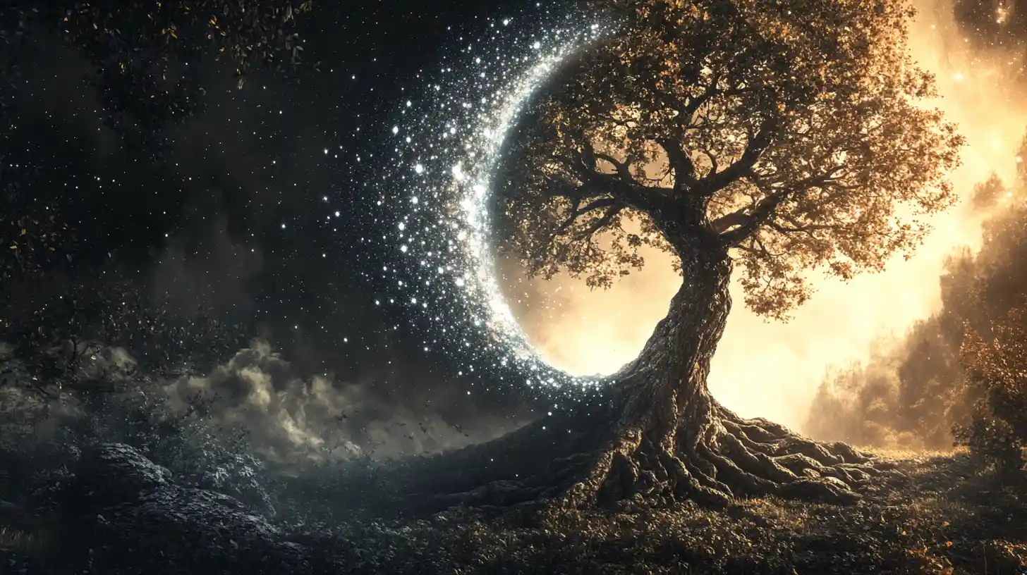 Yin yang tree merging galaxy constellations and ancient roots