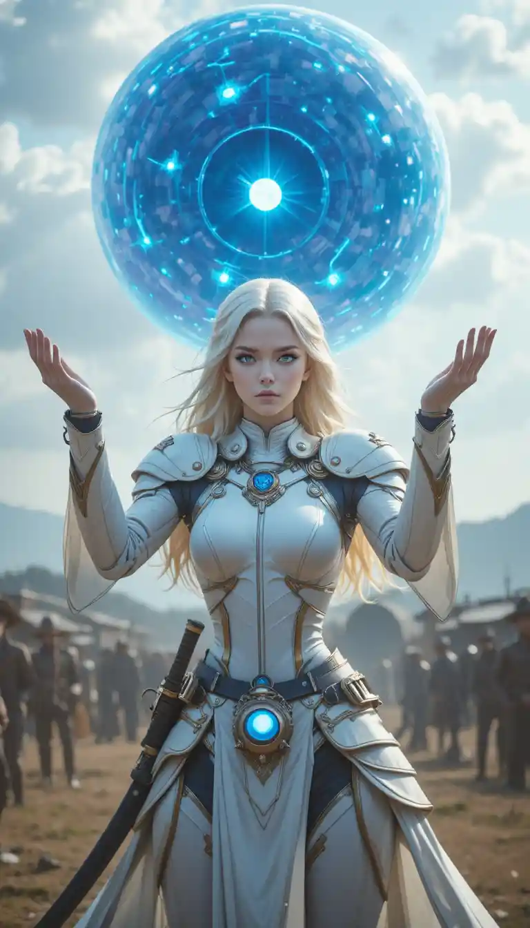 Guerreira ciborgue invocando uma esfera de energia azul brilhante