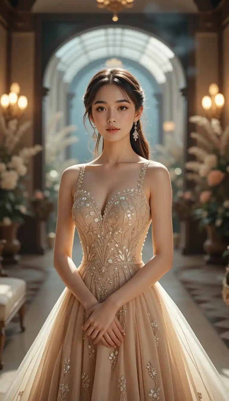 Elegant young woman in a formal gown with soft lighting
