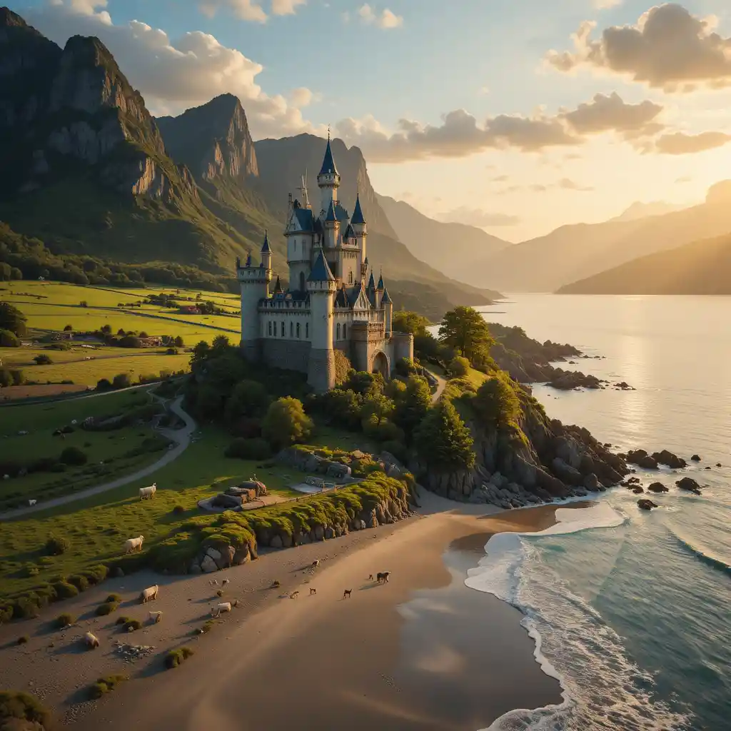 Märchenschloss an einem ruhigen Strand bei goldenem Sonnenuntergang