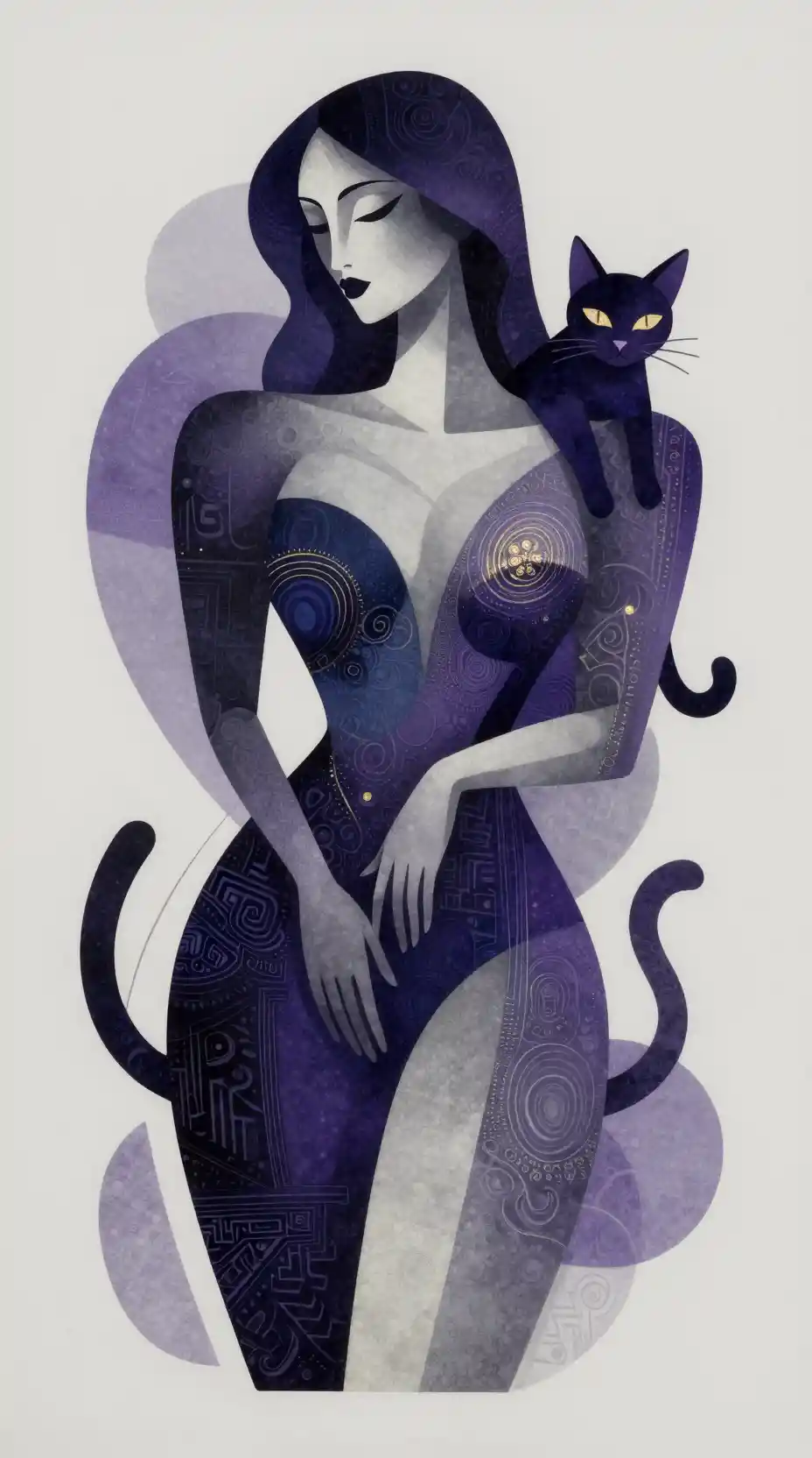 Donna cubista astratta con gatto in tonalità viola intense