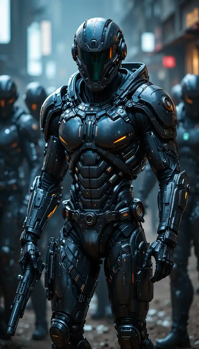 Futuristische gepanzerte Sci-Fi-Soldatengruppe in leuchtenden Exoskeletten
