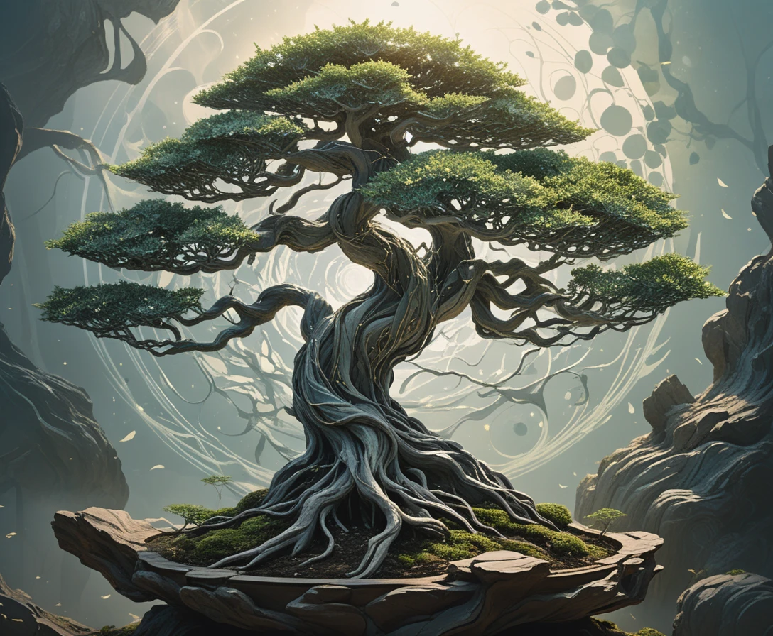 Surreal bonsai tree dissolving into fluid abstract brushstrokes