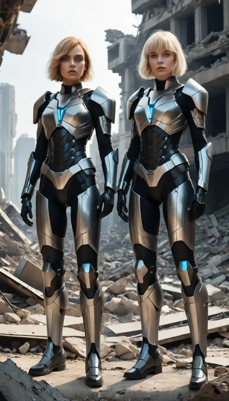 Two armored sci fi women in a ruined futuristic city