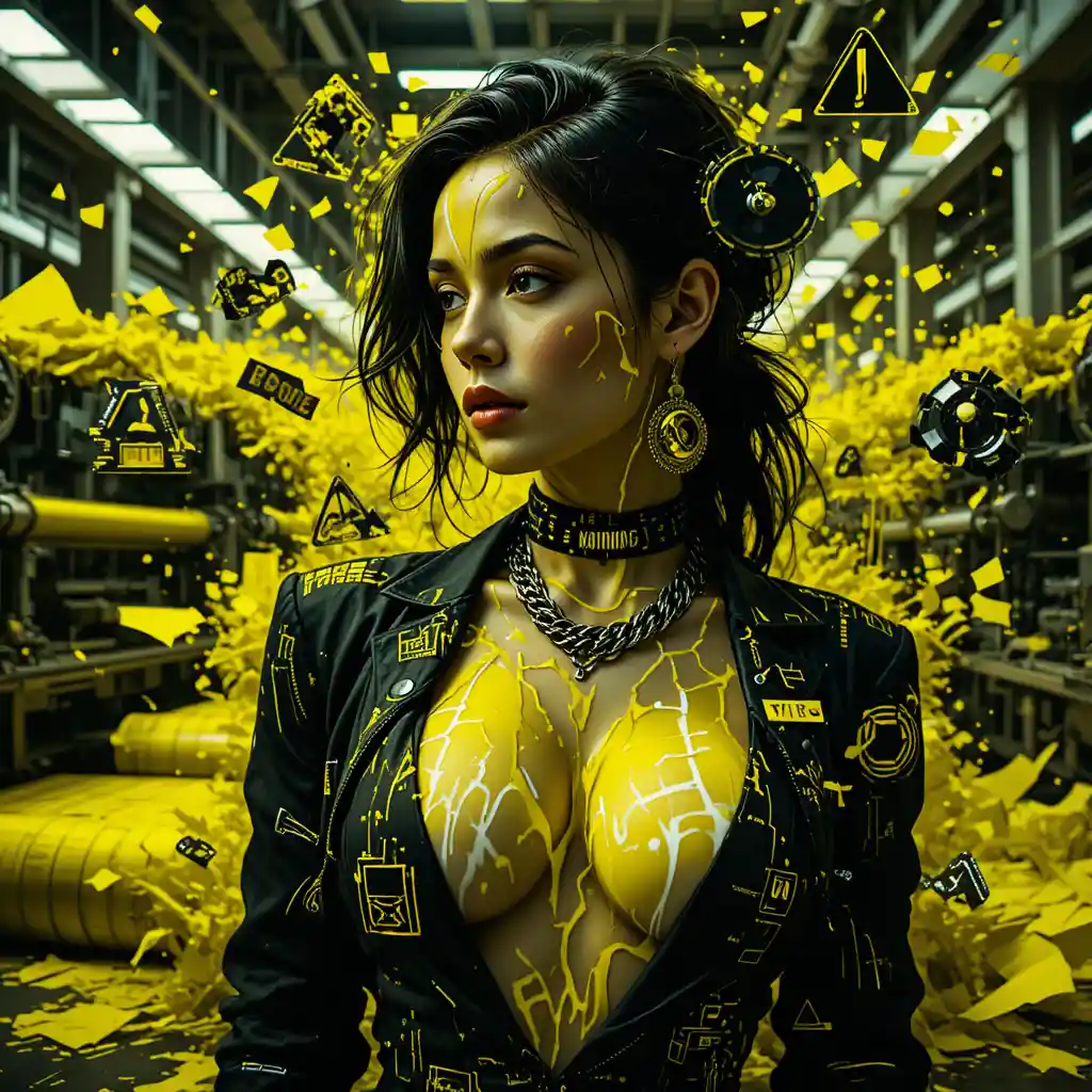 Femme fatale cibernética em tempestade caótica de impressão industrial