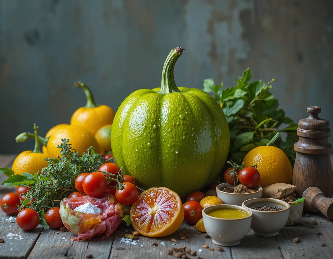 Frische Zutaten für mediterranen Salat auf rustikaler Küchenoberfläche